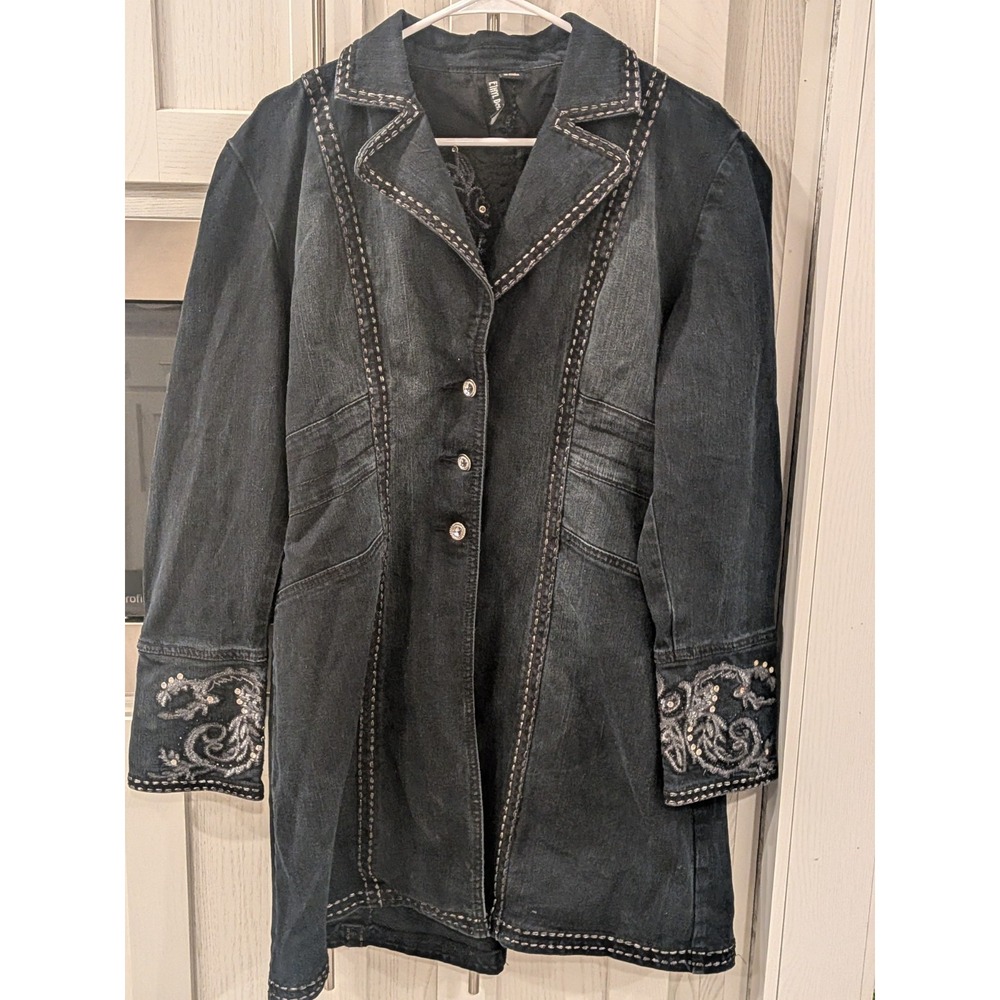 Vintage Ethyl Denim Embroidered Rhinestone Duster Coat Jacket Size XL Dark Blue